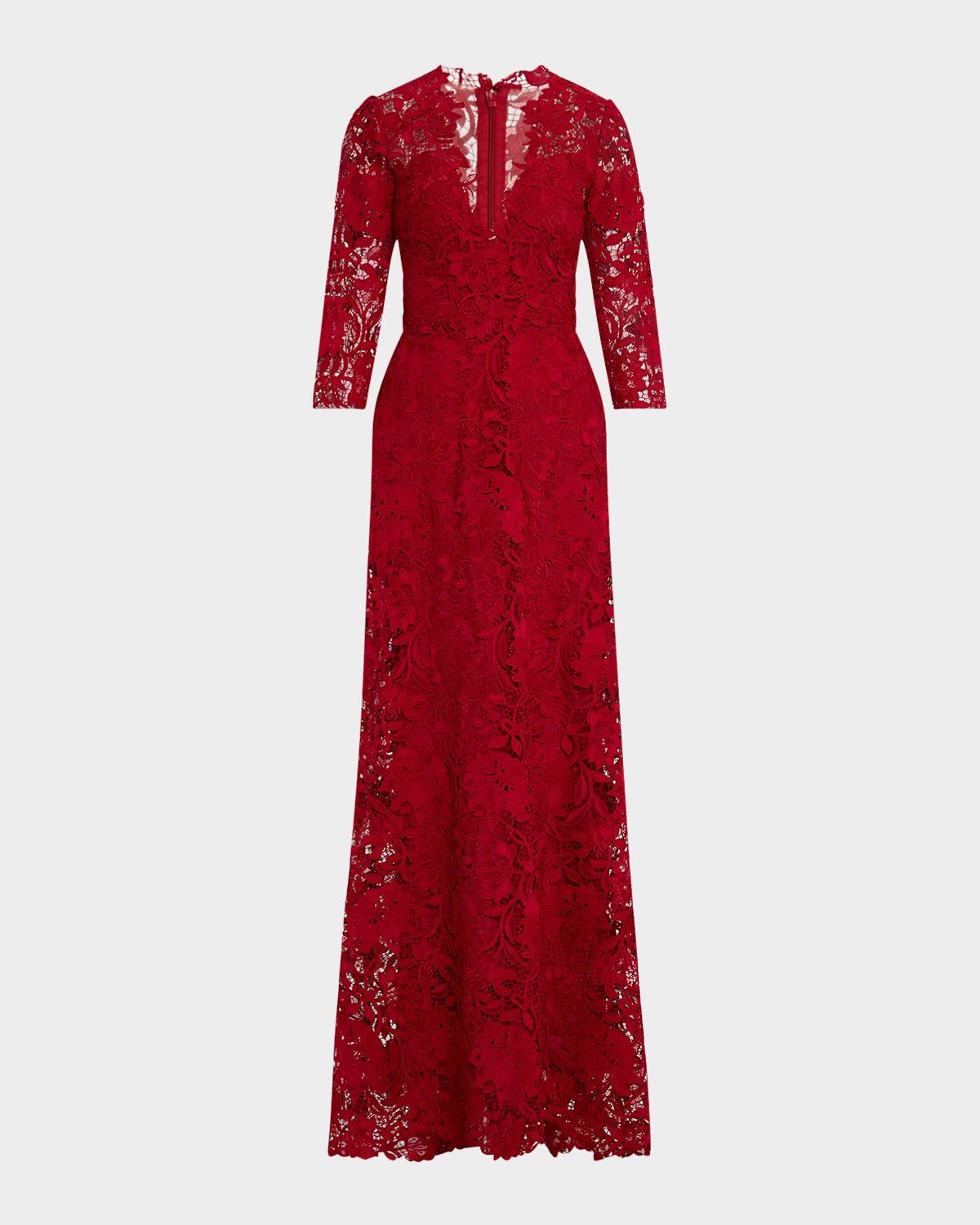 plunging 3/4-sleeve guipure lace gown