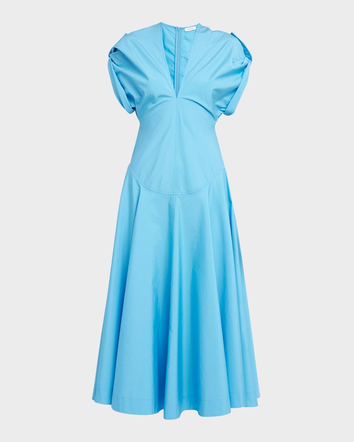 plunging cap-sleeve organic poplin midi dress