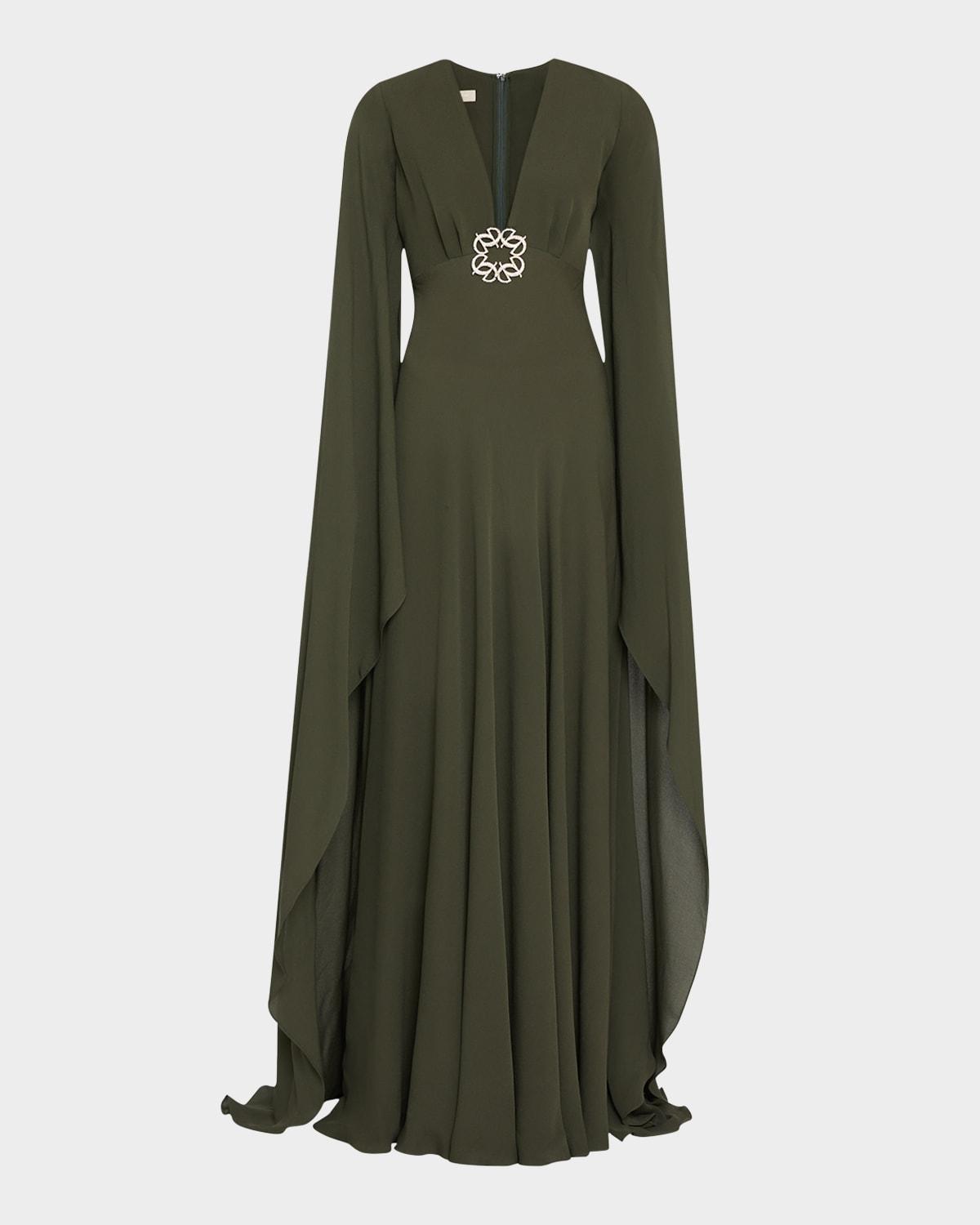 plunging crystal cape-sleeve silk gown