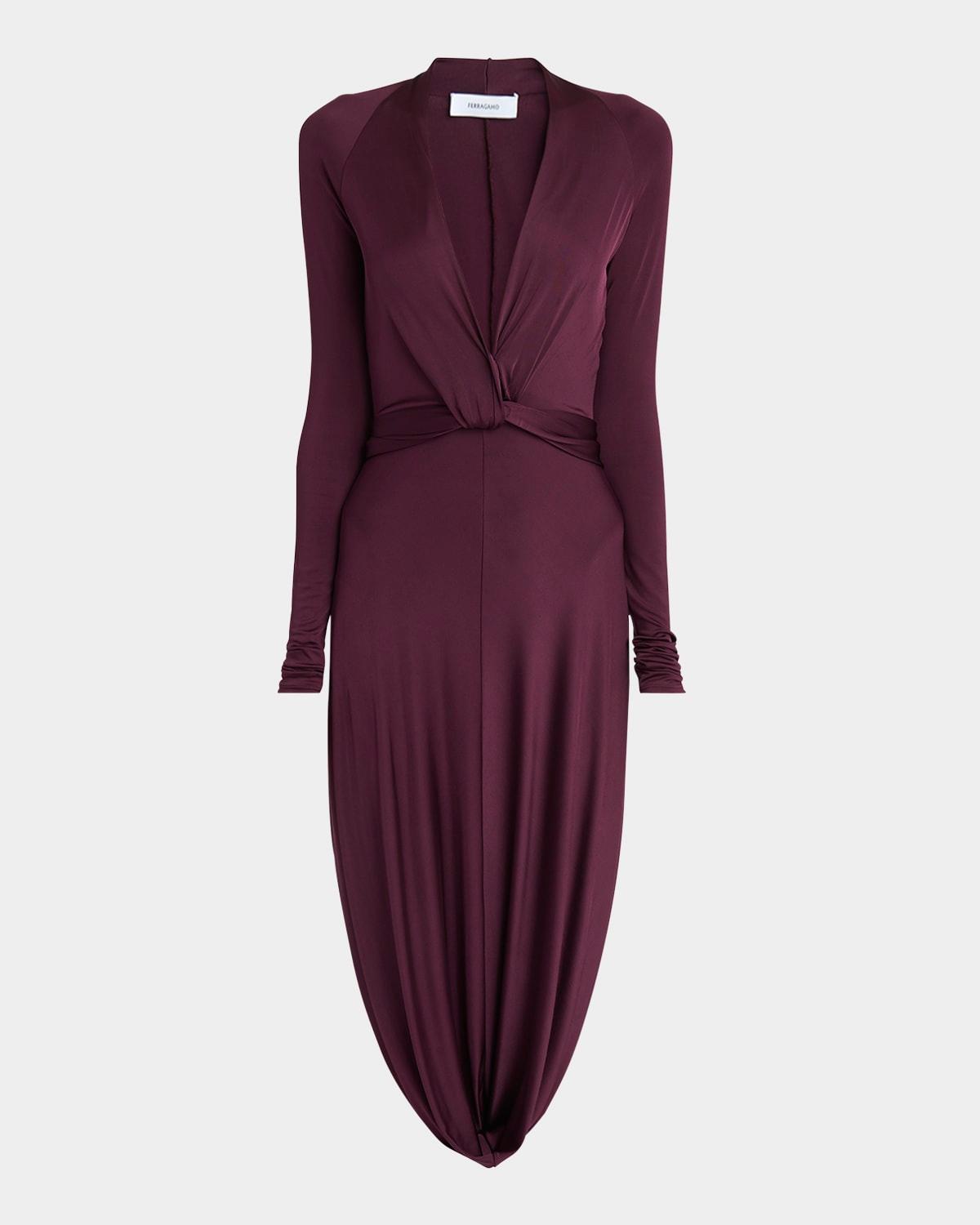 plunging draped jersey long-sleeve dress
