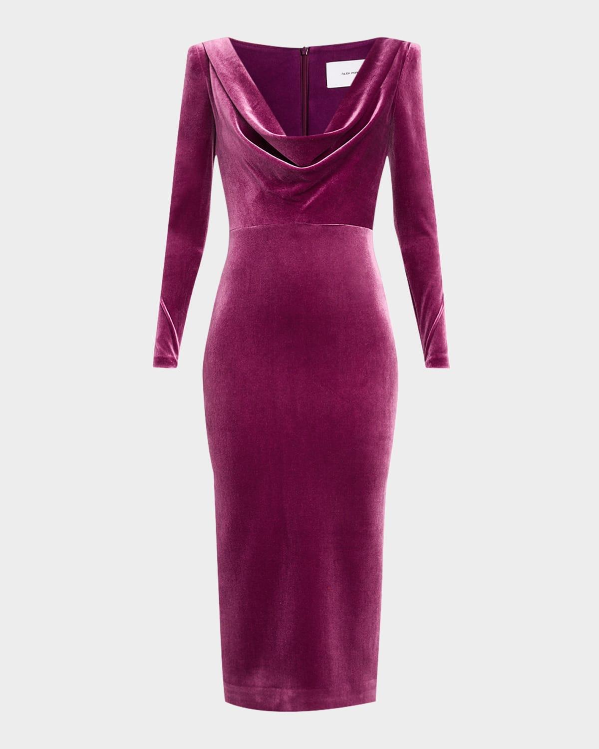 plunging draped long-sleeve velvet midi dress