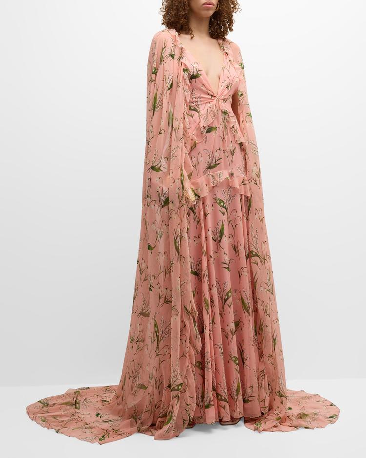 plunging floral-print ruffle cape gown