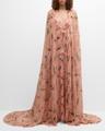plunging floral-print ruffle cape gown