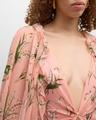 plunging floral-print ruffle cape gown