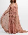 plunging floral-print ruffle cape gown