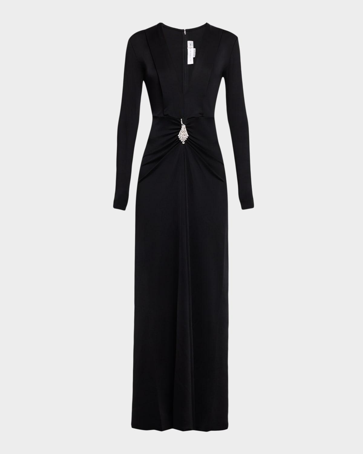 plunging gathered crystal long-sleeve gown