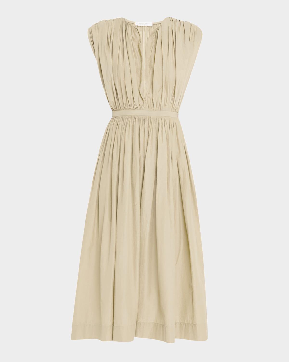 plunging gathered midi dress