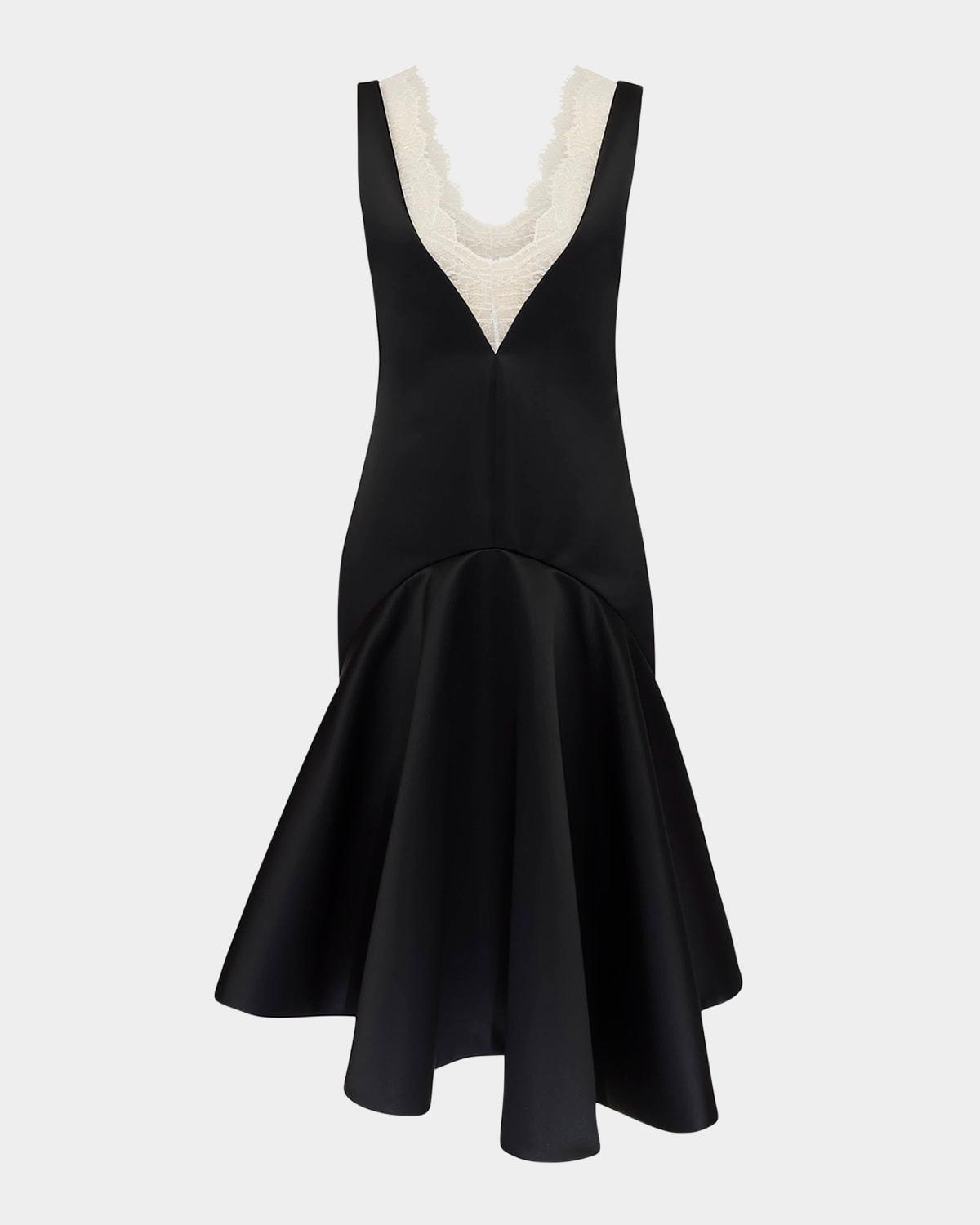 plunging lace-trim draped-hem dress