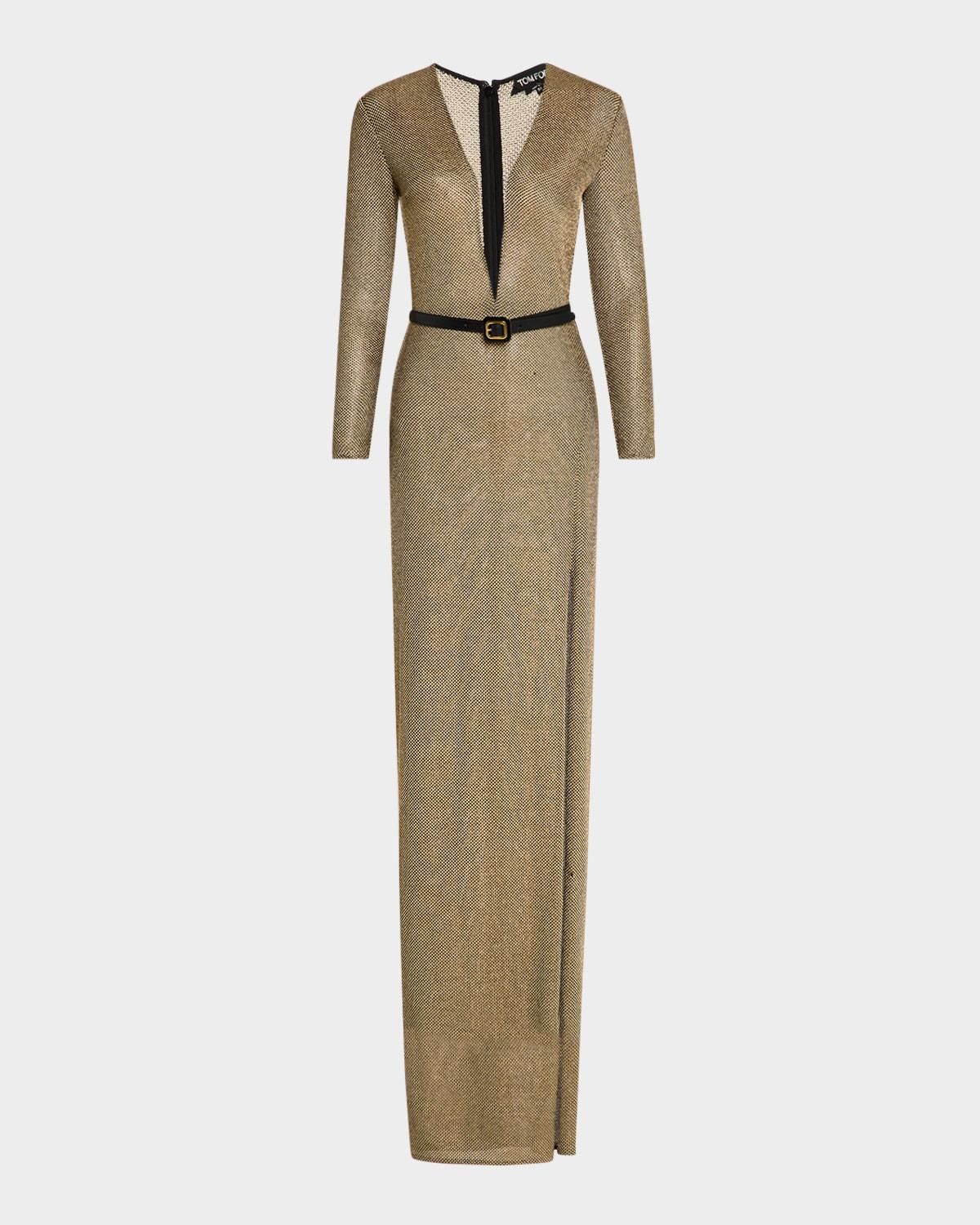 plunging long-sleeve metallic knit slit gown