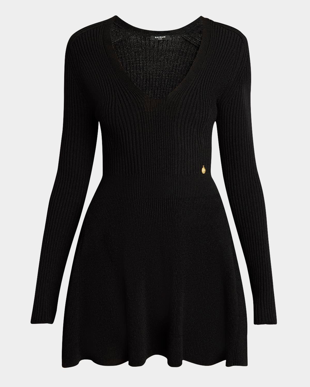 plunging long-sleeve rib knit mini dress