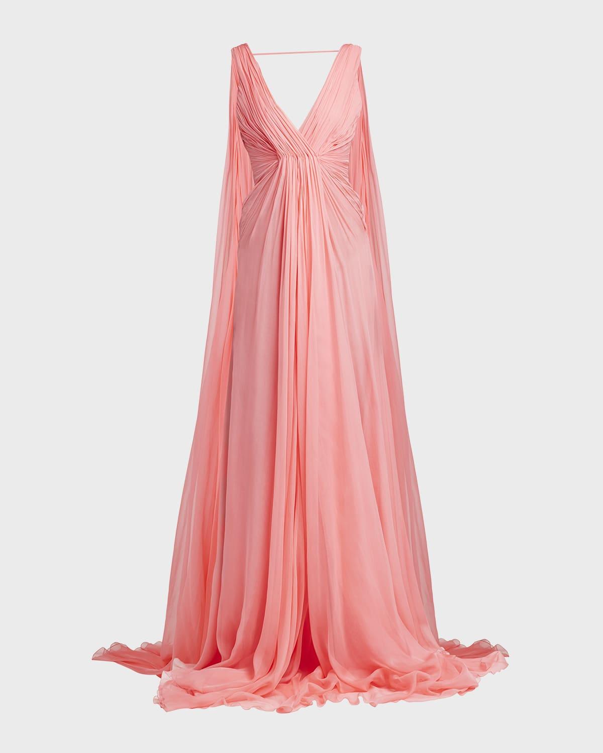 plunging pleated sleeveless silk cape gown