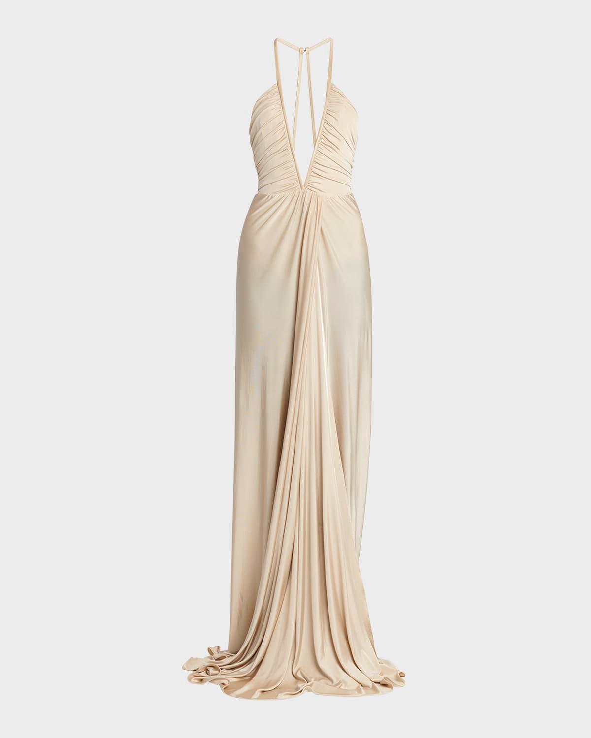 plunging ruched fluid jersey slit gown
