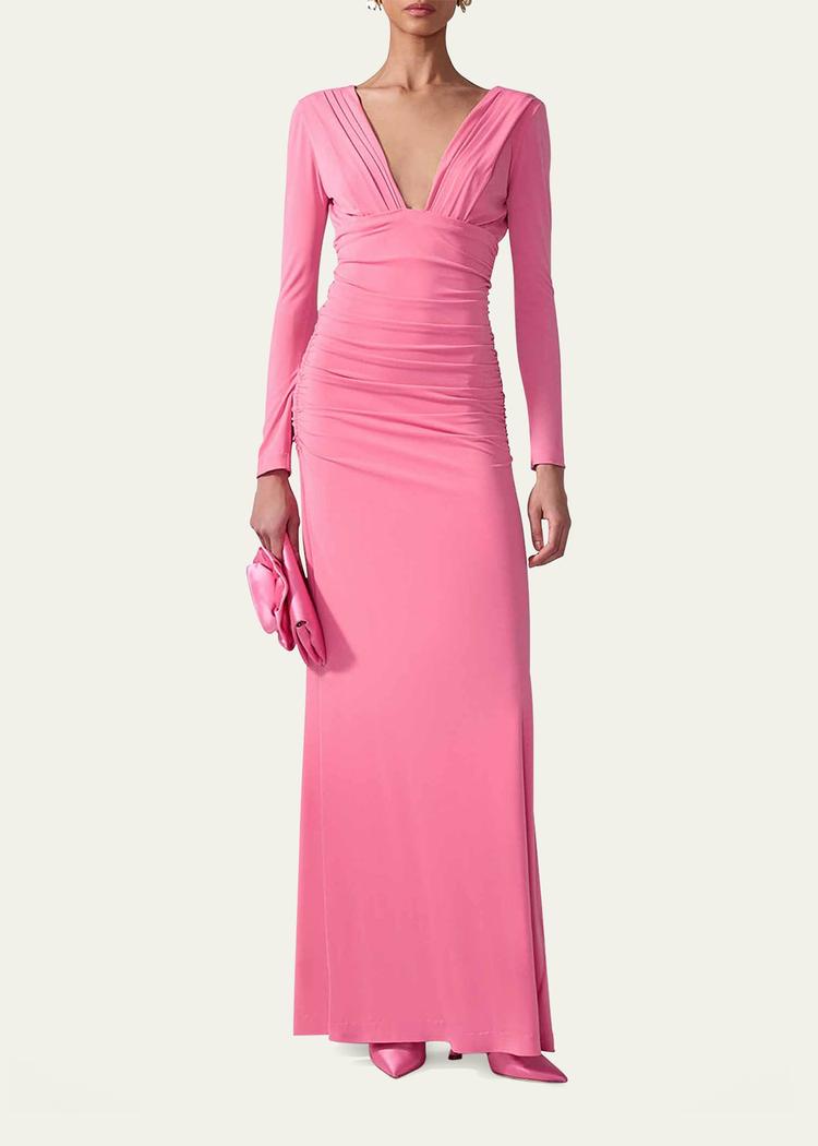 plunging ruched long-sleeve maxi dress