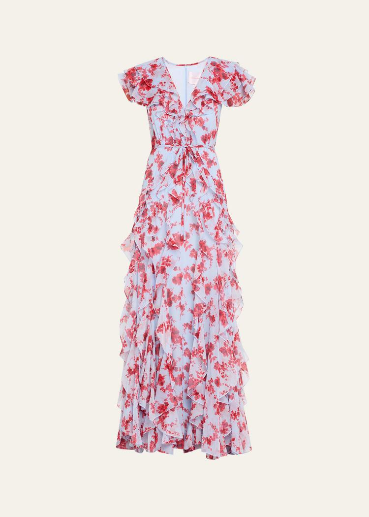 plunging ruffle short-sleeve silk gown