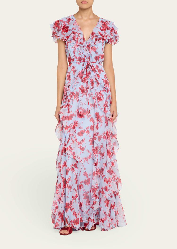 plunging ruffle short-sleeve silk gown