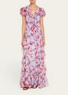 plunging ruffle short-sleeve silk gown