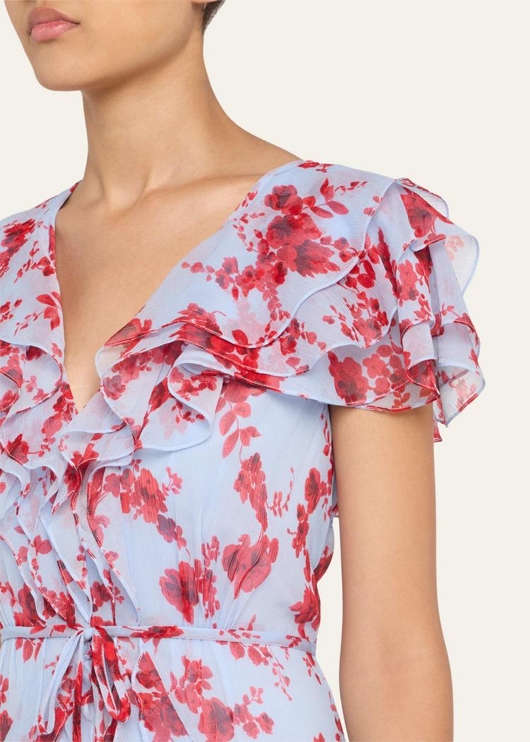 plunging ruffle short-sleeve silk gown