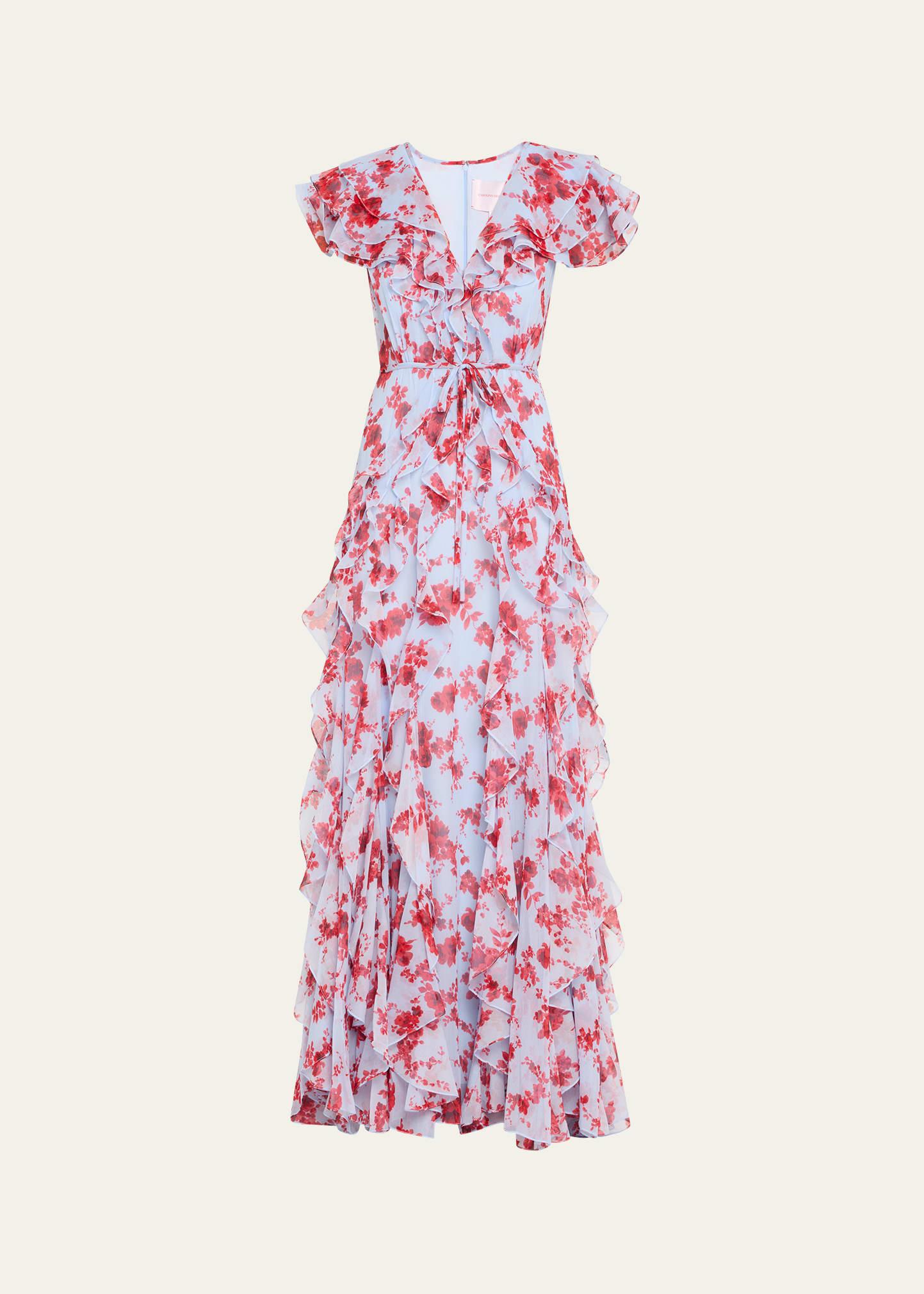 plunging ruffle short-sleeve silk gown