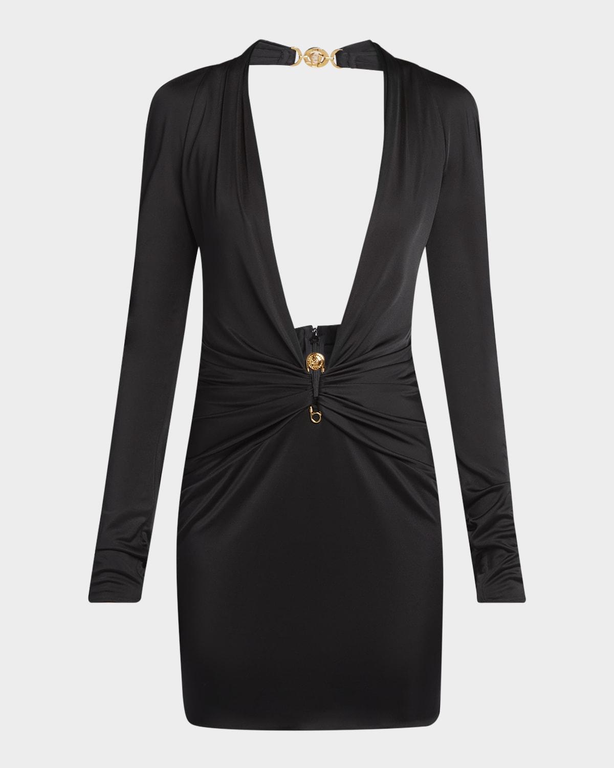 plunging safety-pin ruched responsible liquid jersey mini dress