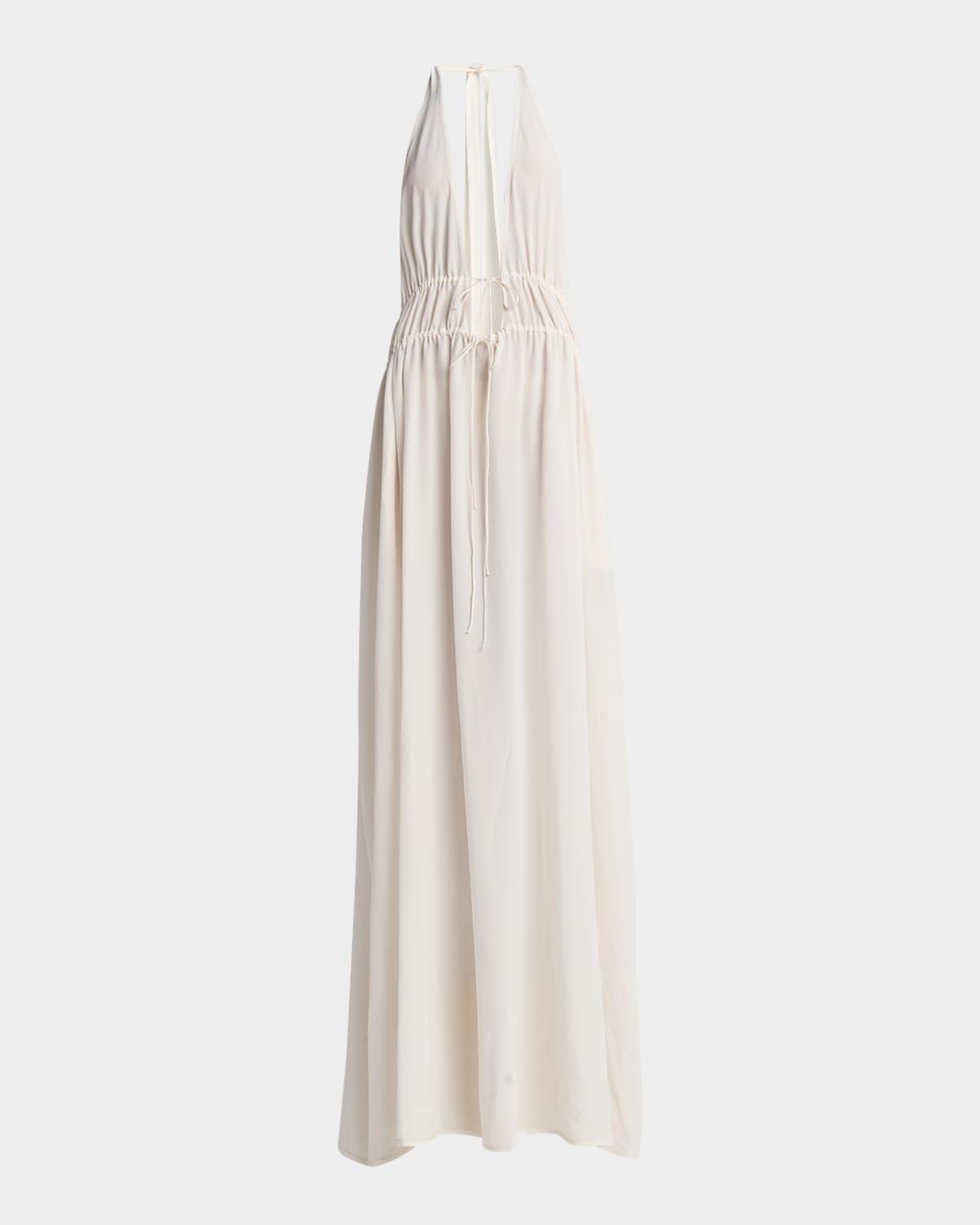 plunging tie halter crepe de chine maxi dress