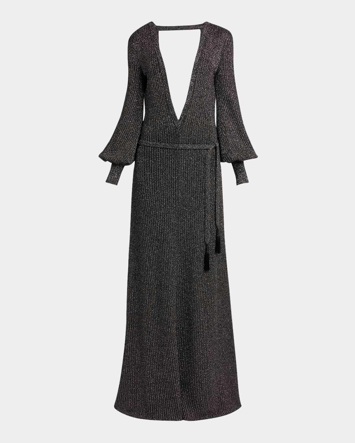 plunging vanise metallic rib backless maxi dress