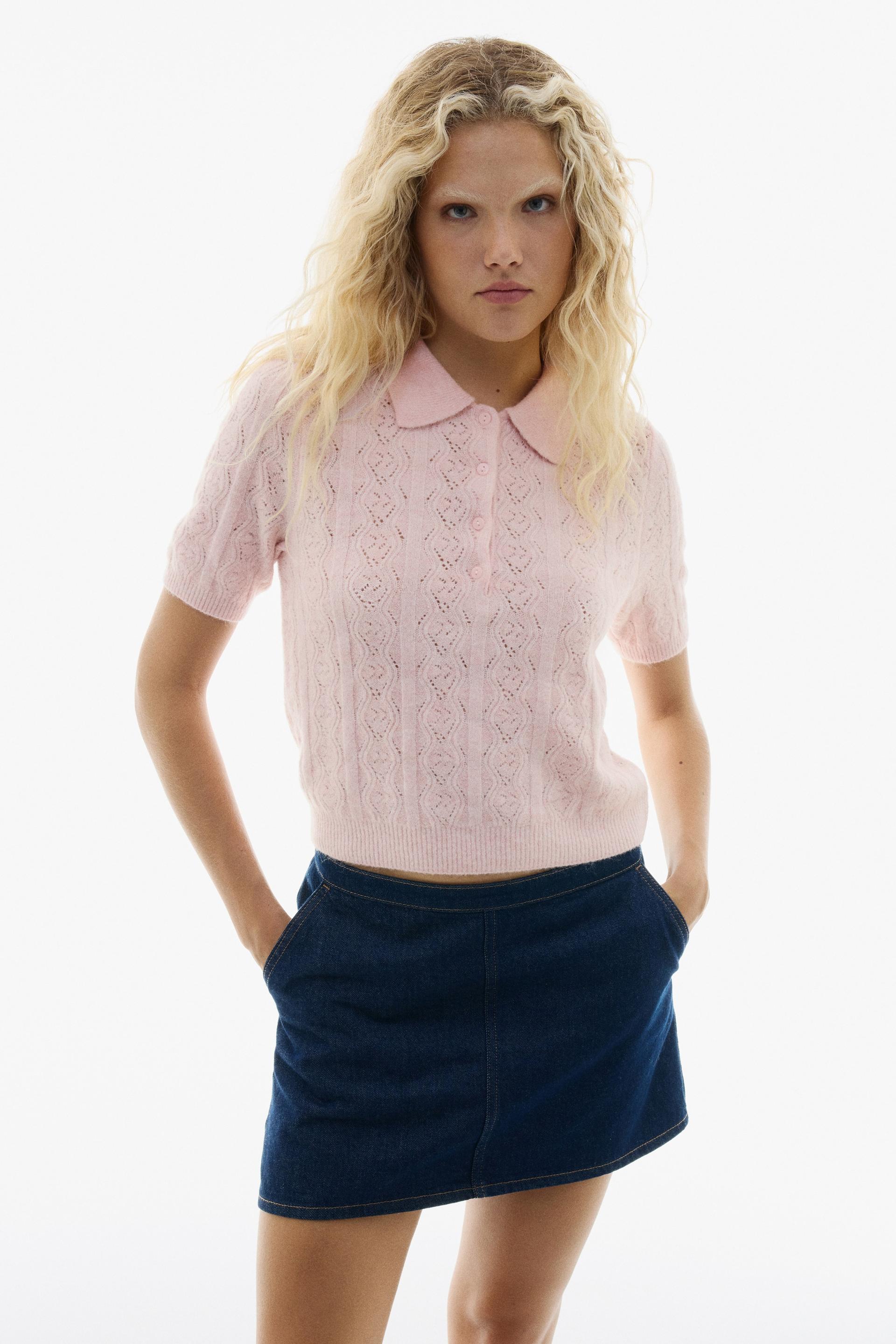pointelle-knit polo sweater