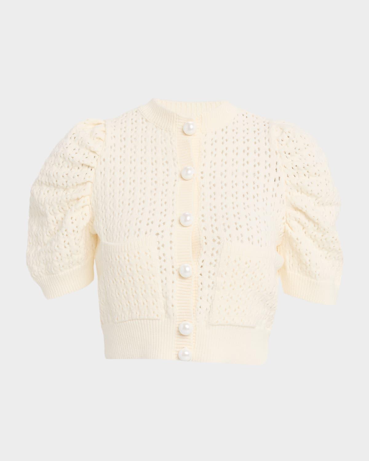 pointelle knit puff-sleeve crop cardigan