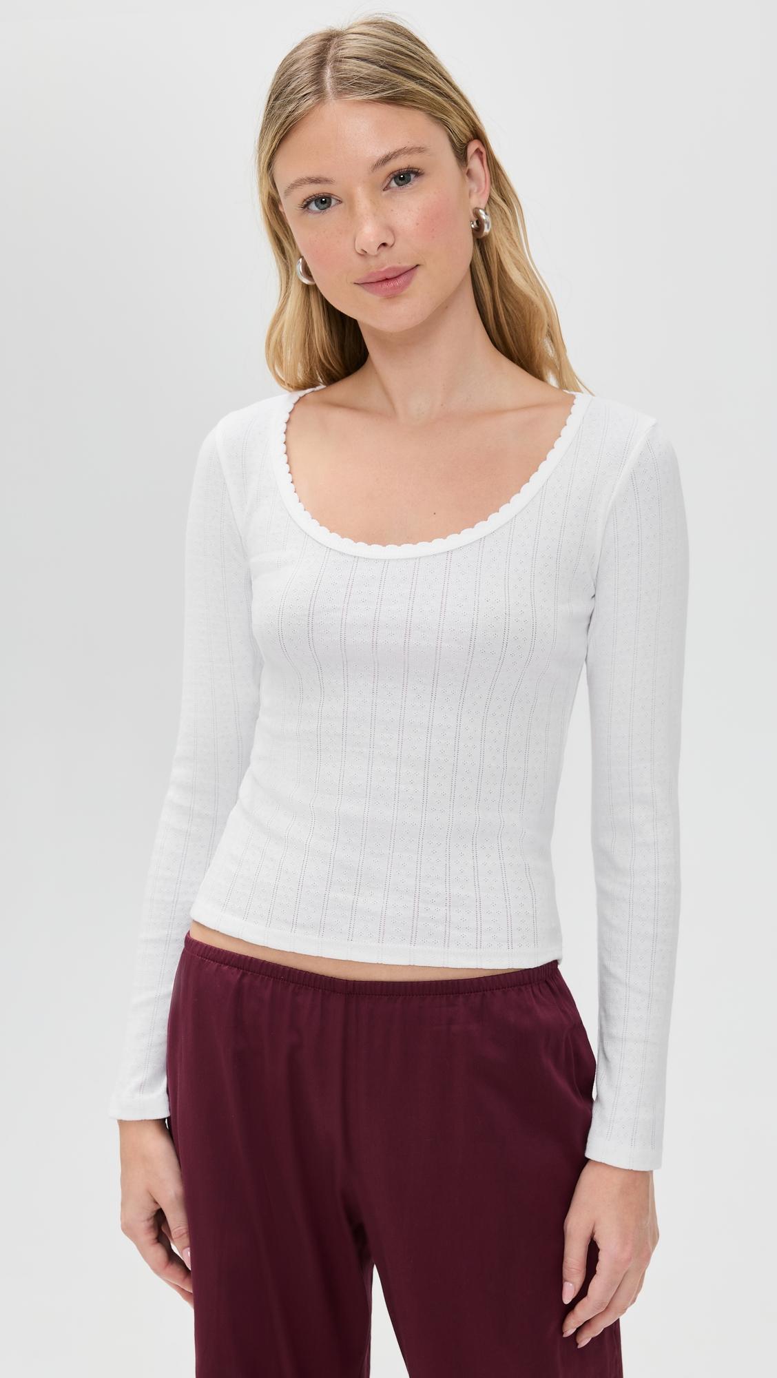 pointelle scoop neck long sleeve shirt
