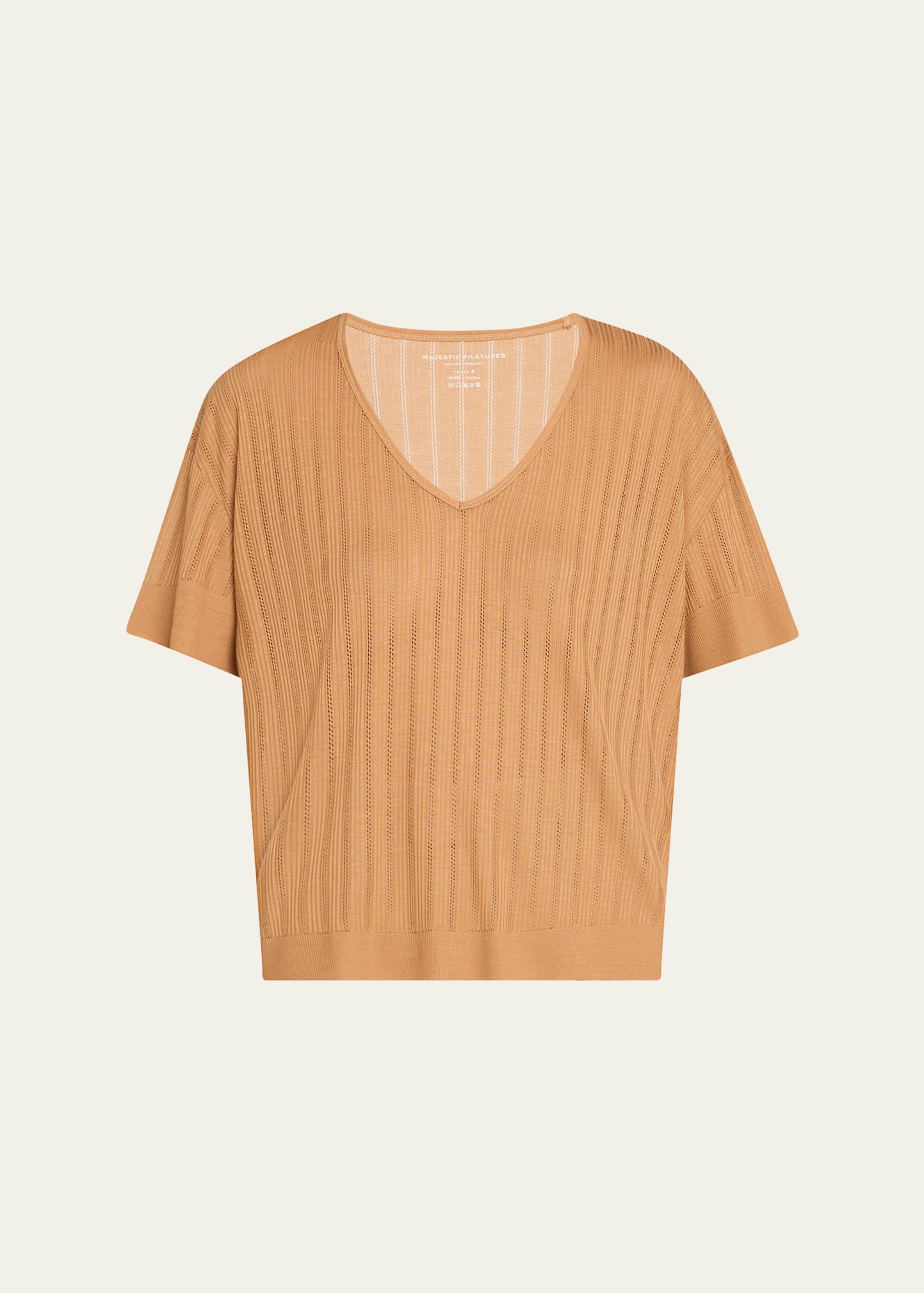 pointelle v-neck rib knit top