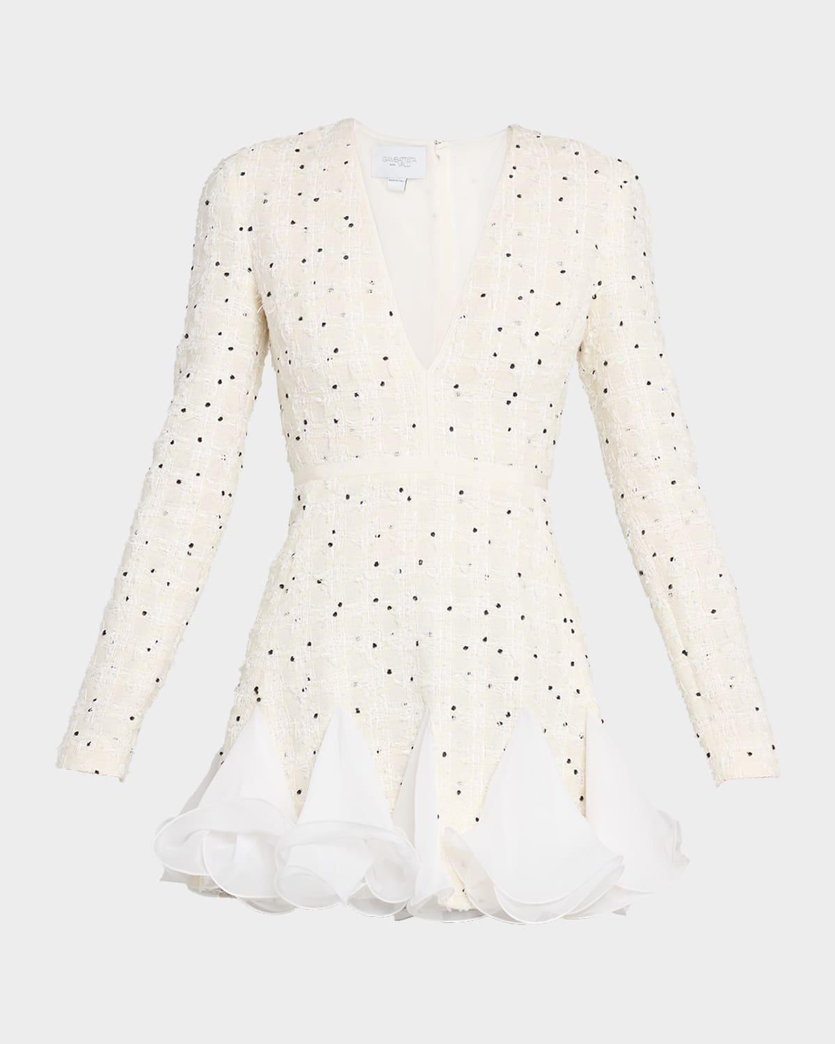 polka-dot boucle long-sleeve godet mini dress