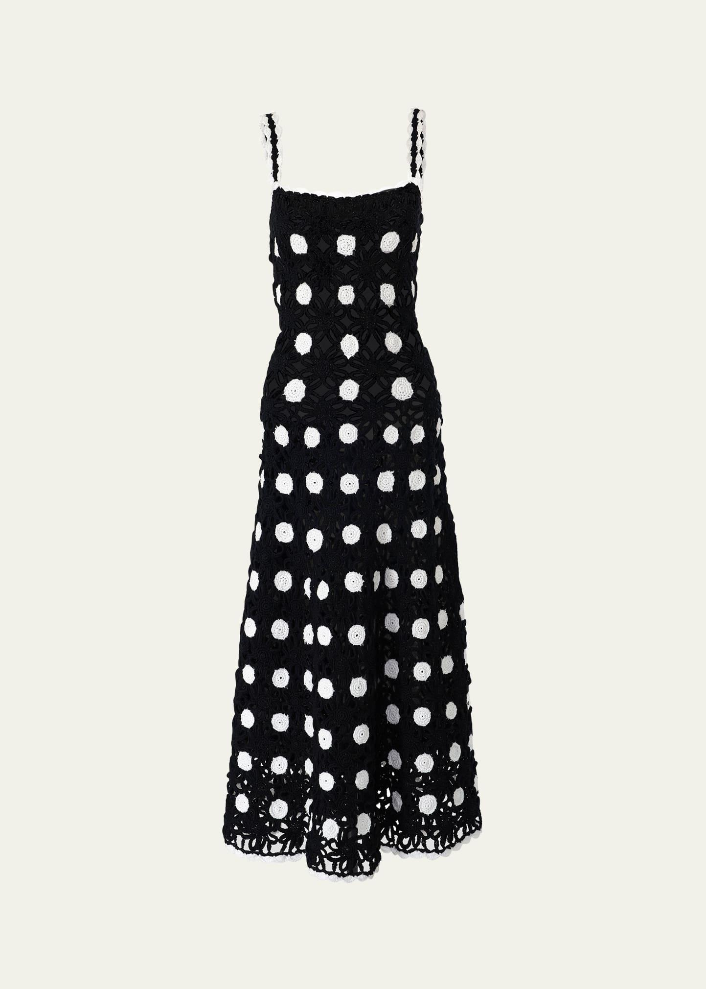 polka-dot crochet-knit sleeveless midi dress
