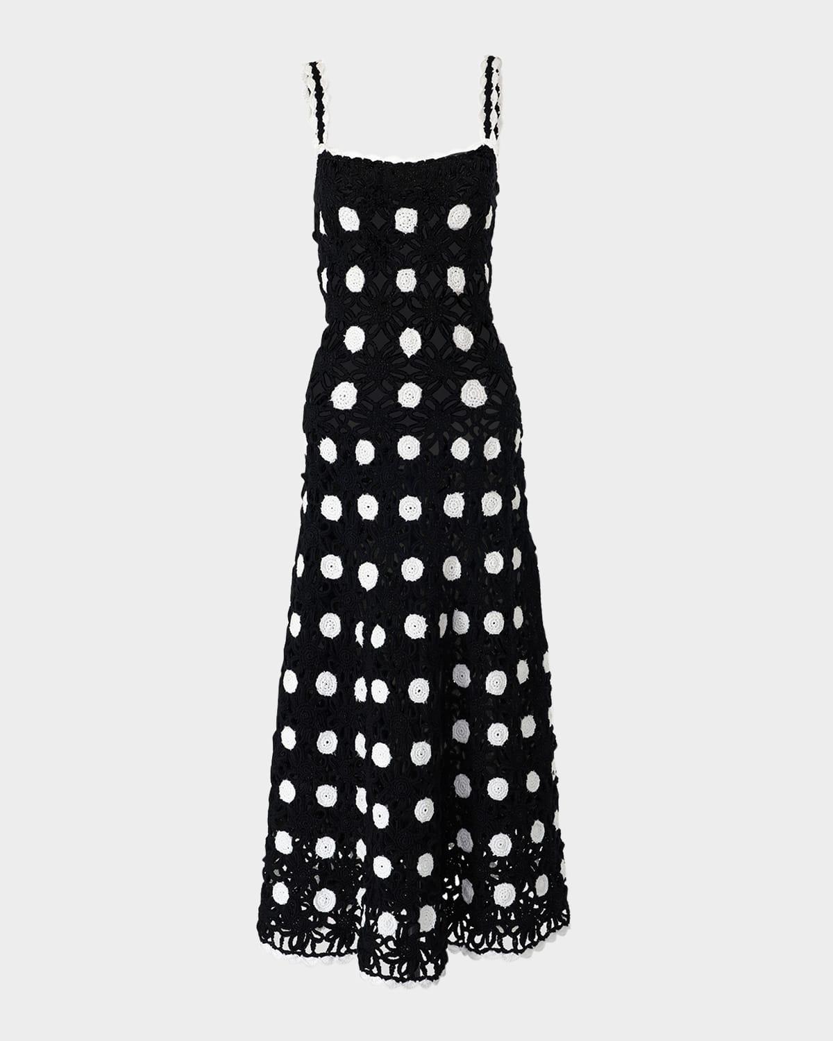 polka-dot crochet-knit sleeveless midi dress