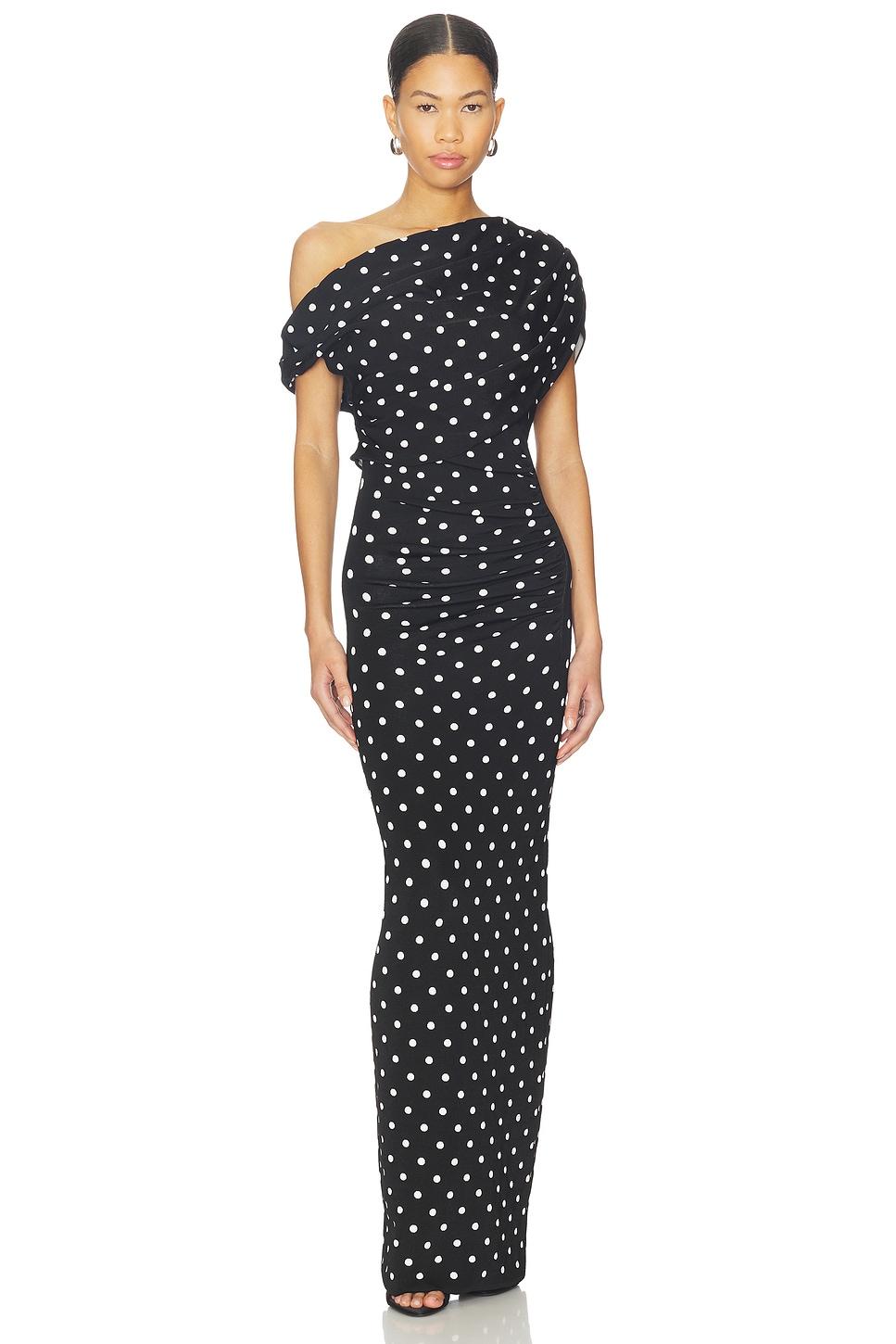 polka dot draped knit midi dress