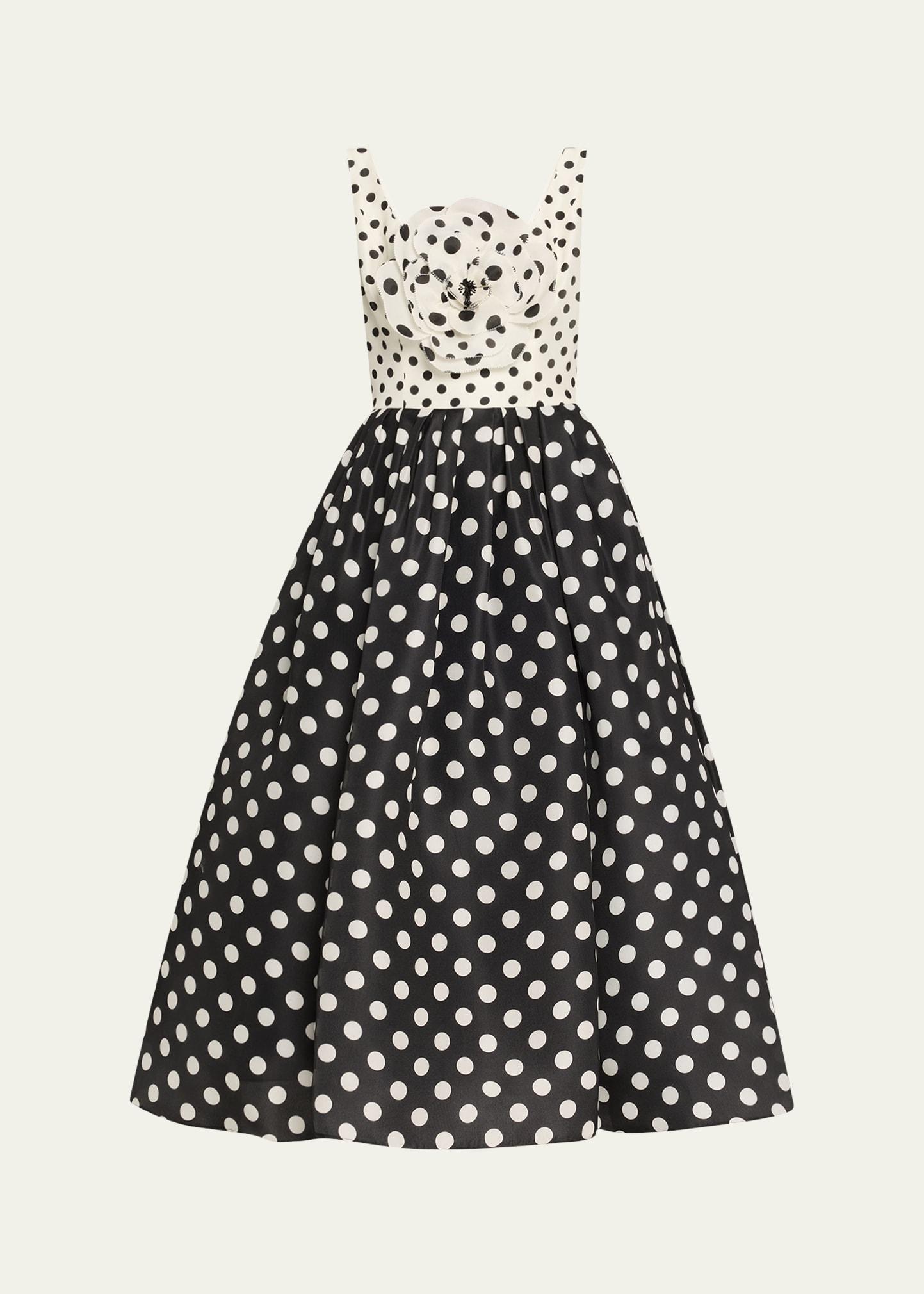 polka-dot flower sleeveless tea-length dress
