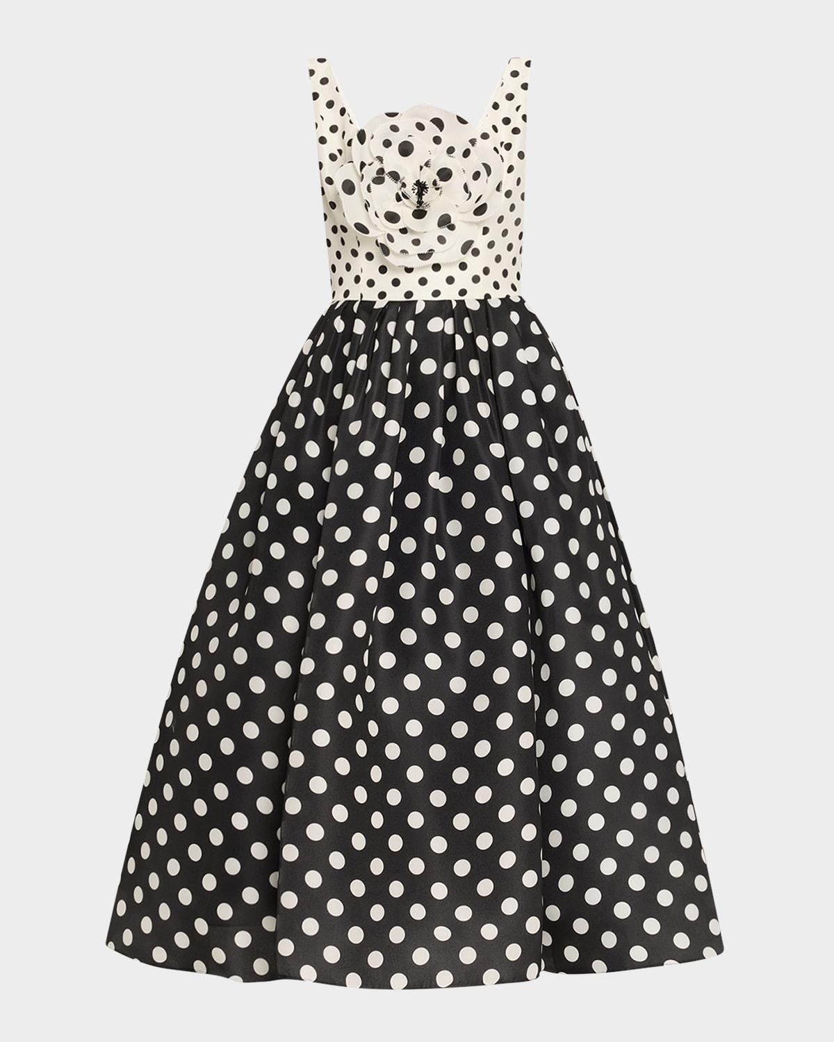 polka-dot flower sleeveless tea-length dress