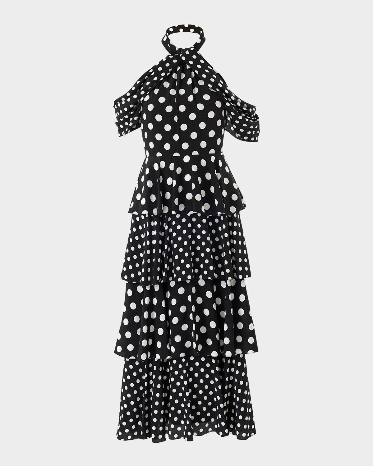 polka-dot halter tiered midi dress