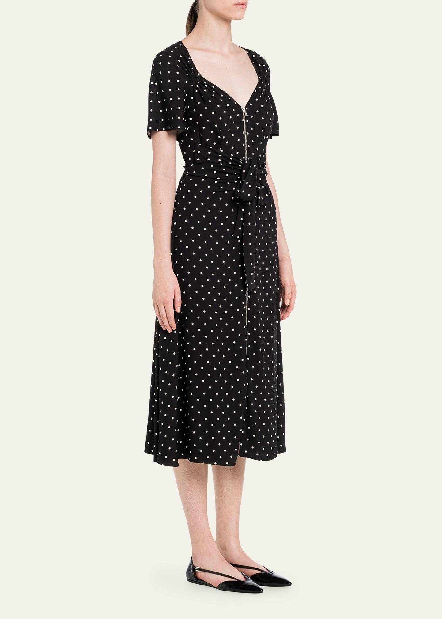 polka-dot ruched sweetheart midi dress