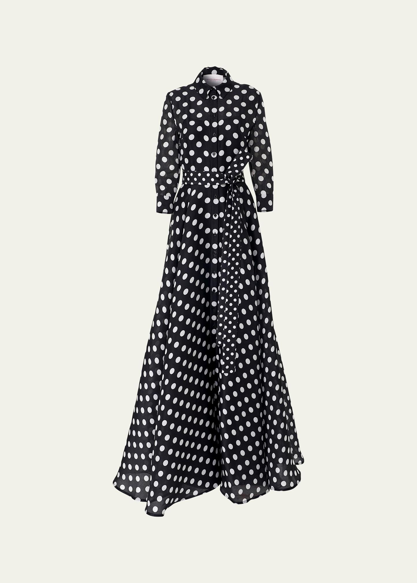 polka-dot silk 3/4-sleeve trench gown
