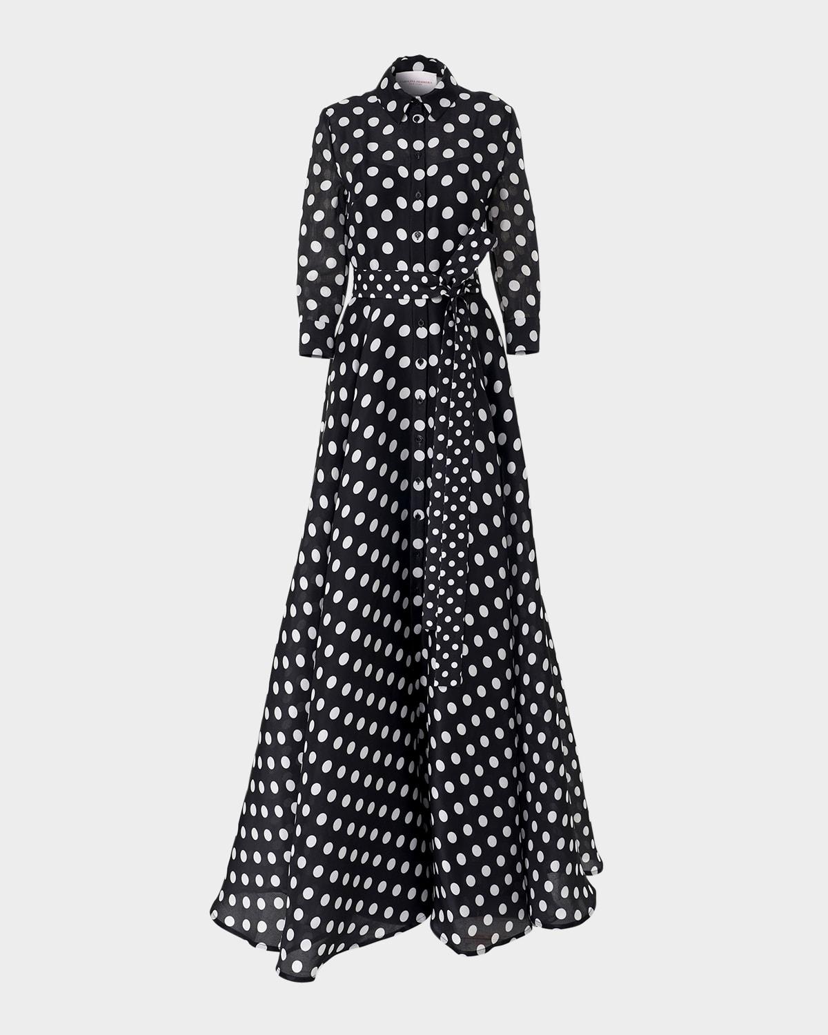 polka-dot silk 3/4-sleeve trench gown