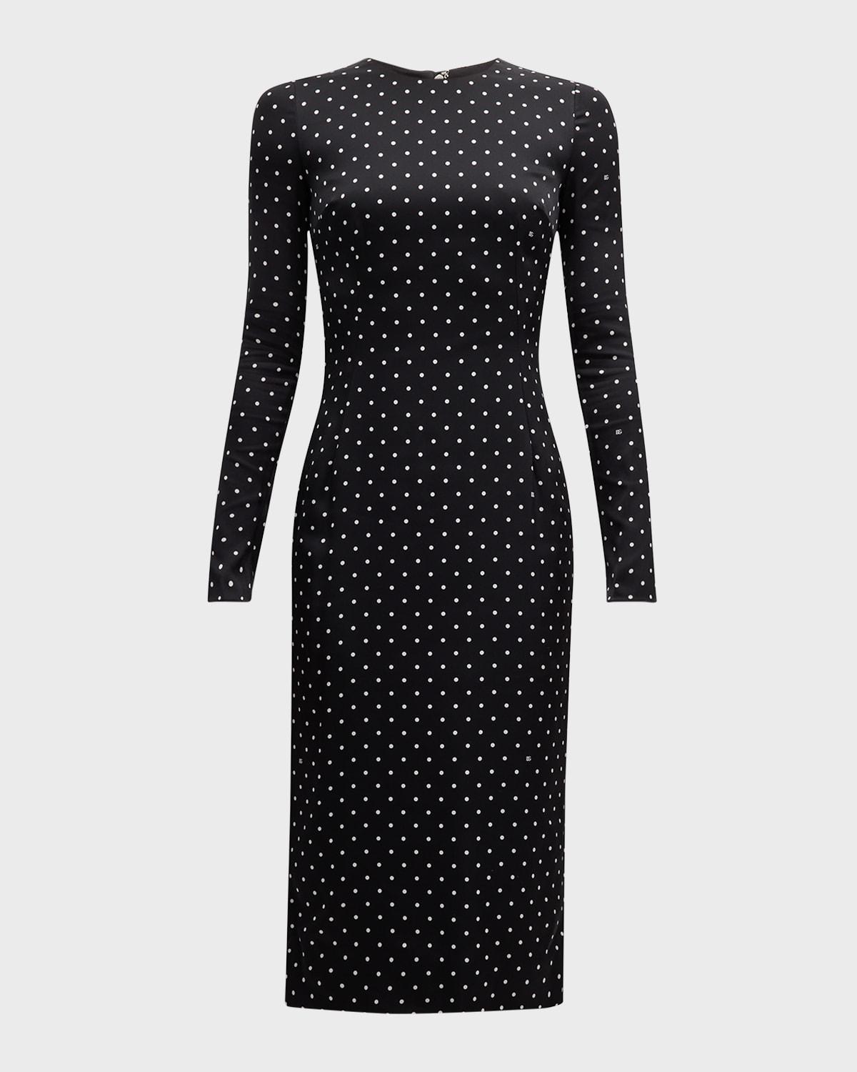 polka-dot silk charmeuse long-sleeve midi tubino dress