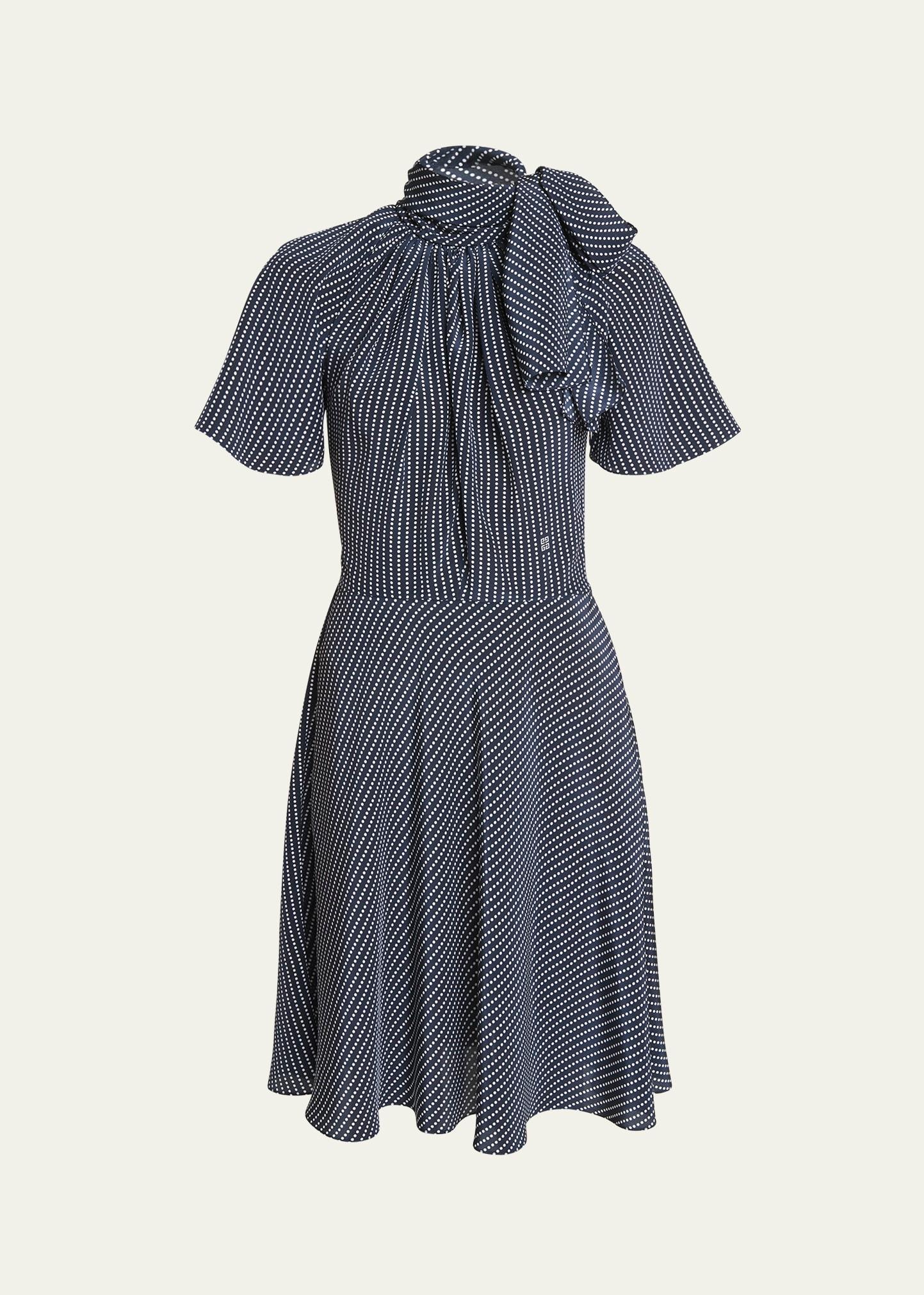 polka-dot silk mini dress with tie neck