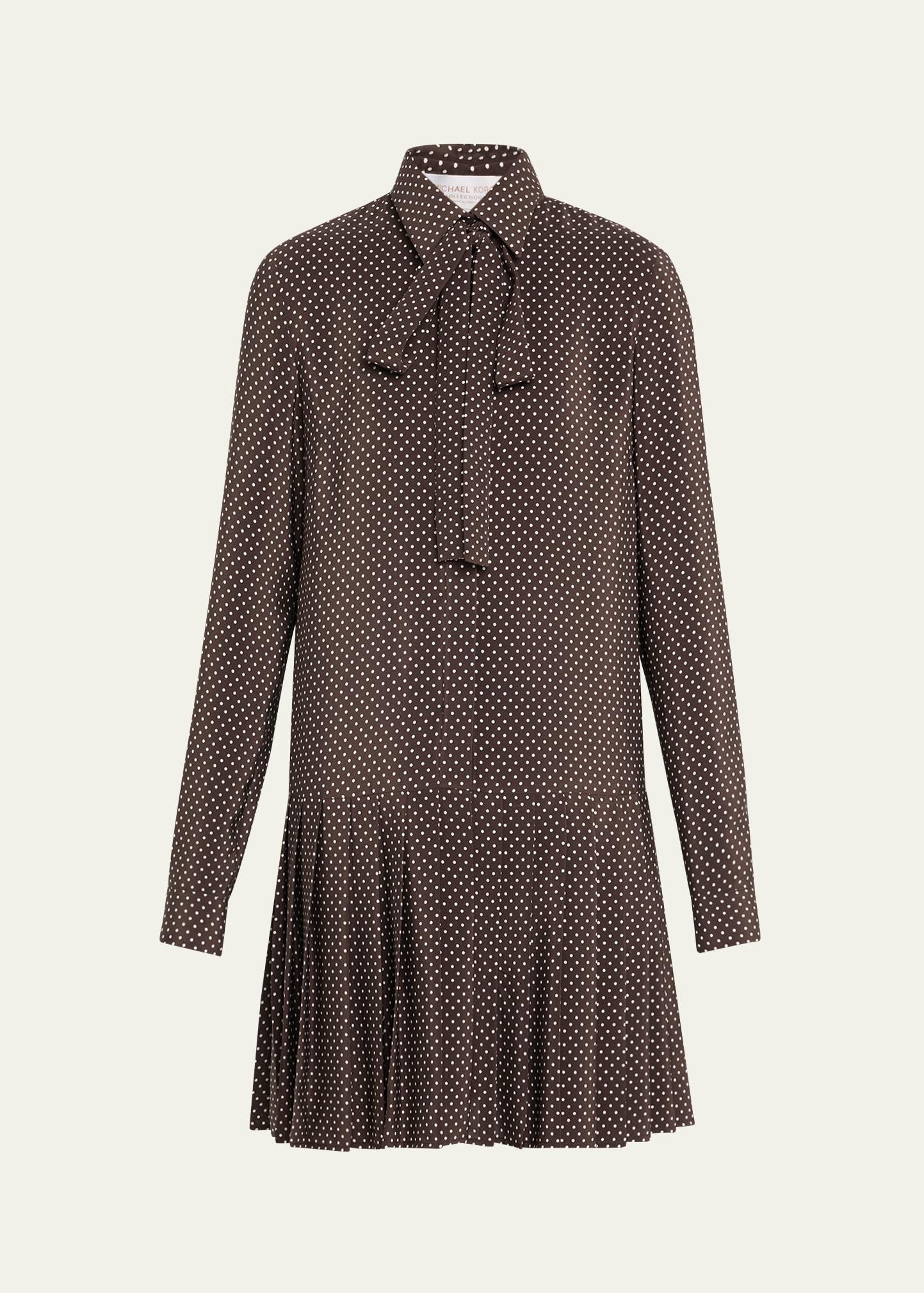 polka-dot silk pleated drop-waist bow mini shirtdress