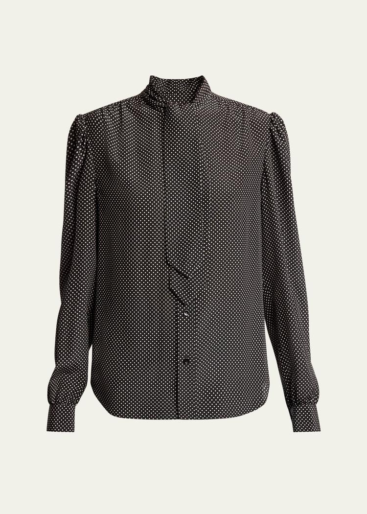 polka dot tie-neck button down silk blouse