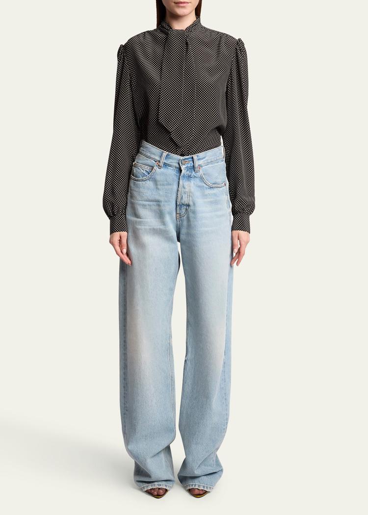 polka dot tie-neck button down silk blouse