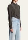polka dot tie-neck button down silk blouse