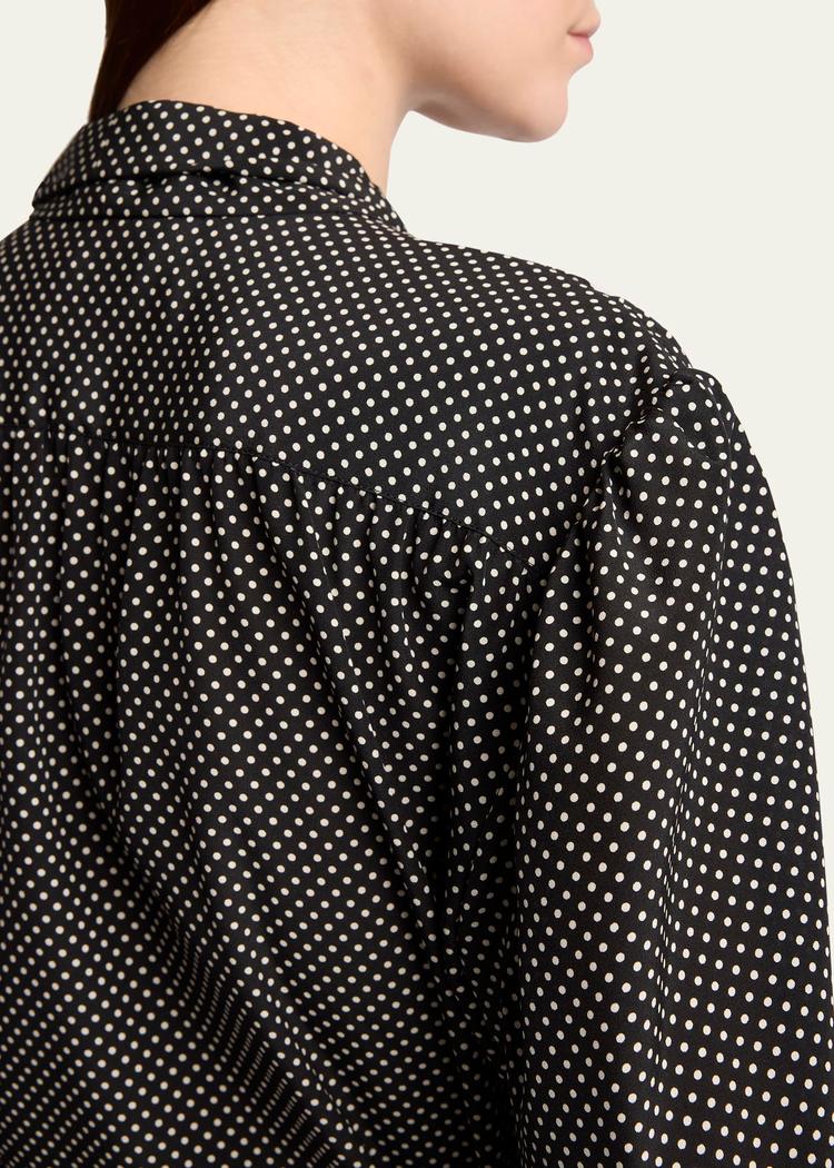 polka dot tie-neck button down silk blouse