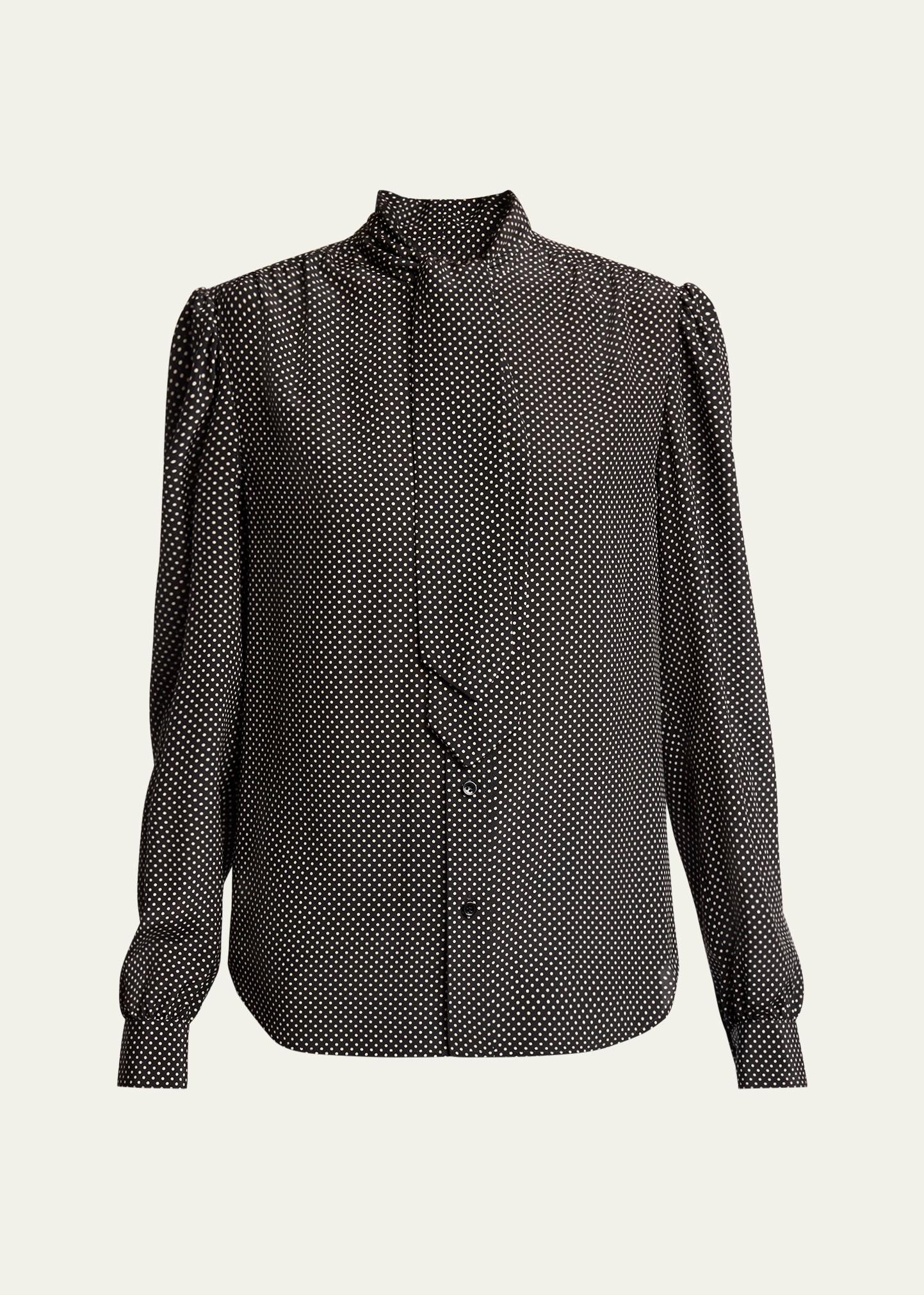 polka dot tie-neck button down silk blouse