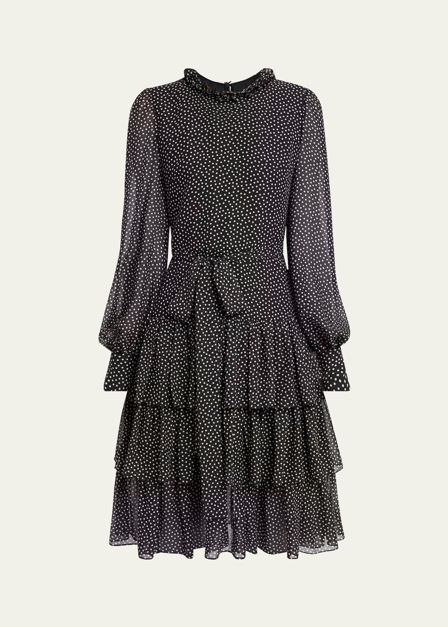polka dot tiered georgette self-tie short dress