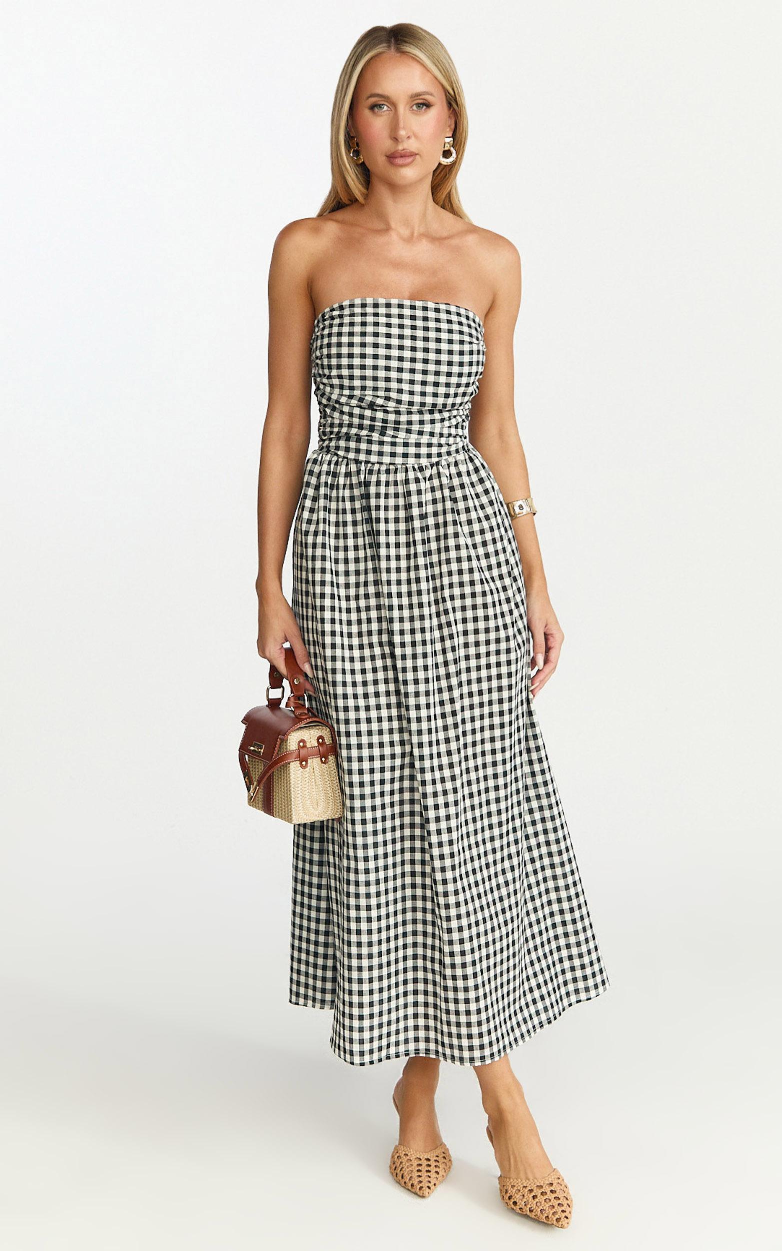 polly midi dress - strapless ruched dress in black check