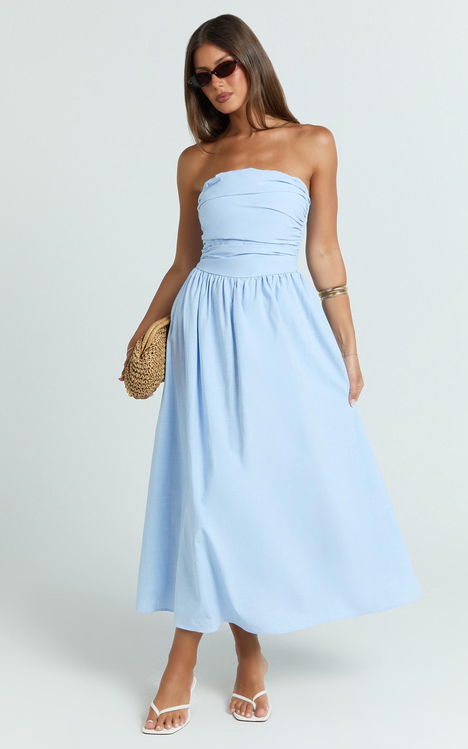 polly midi dress - strapless ruched dress in blue